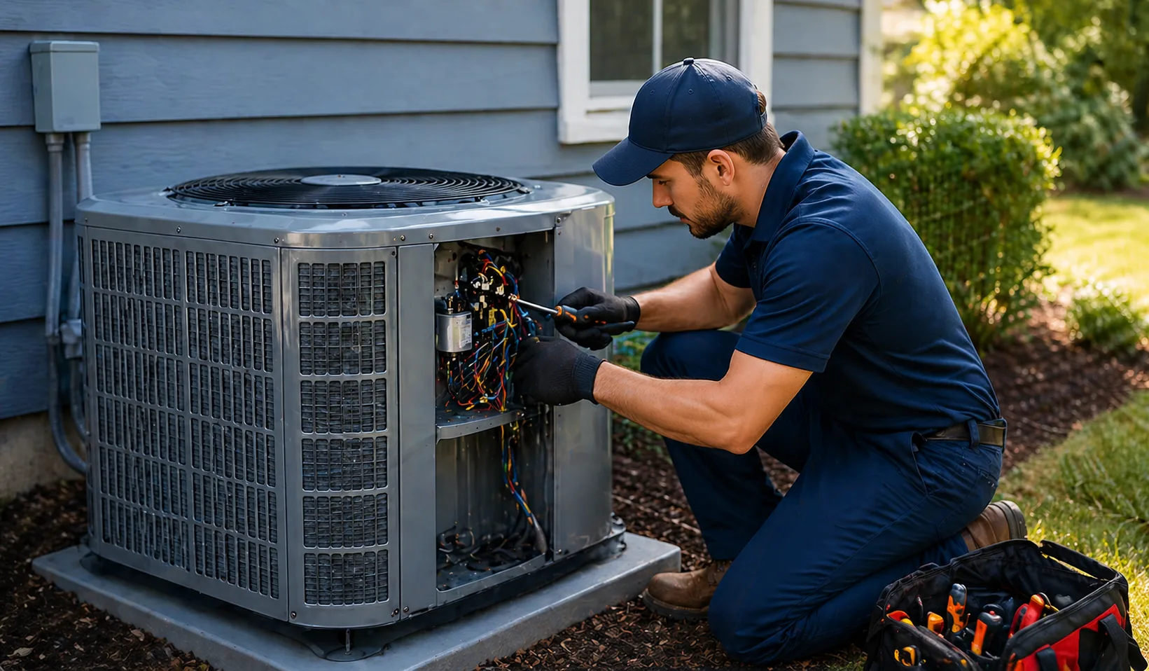 Carrollton HVAC technician inspecting a residential AC unit with diagnostic tools